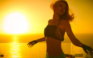 Woman bikini headphones sunset deck - headphone free wallpaper