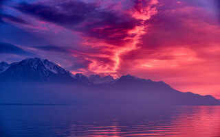 Boat mountain sunset pink blue - anthony s waters free wallpaper