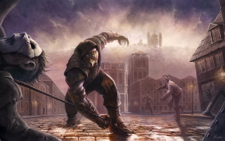 Demon cityscape sword masked man - nearby free wallpaper
