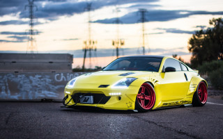 Yellow sports car sunset clouds - the side of the road free wallpaper