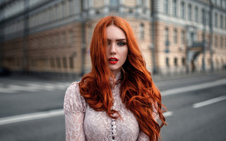 Redhair whitedress urban artnouveau blueeyes - a street corner free wallpaper