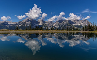 Mountain lake trees clouds sky 3 - white cloud free wallpaper