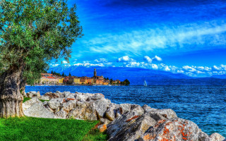 Lake shore tree castle sailboat - florence engelbach free wallpaper