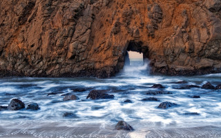 Large rock formation waterfall beach - adobe lightroom free wallpaper