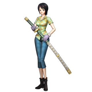 Woman sword green shirt jeans - front free wallpaper