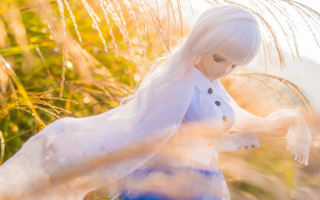 White hair blue dress umbrella - woman free wallpaper