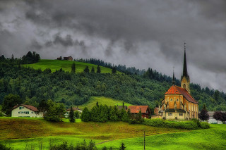 Church hill cloudy sky green - a church free wallpaper