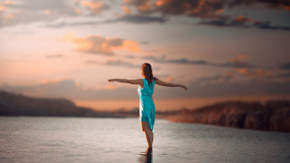 Woman blue dress water outstretched - constance copeman free wallpaper