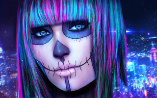 Girl blue pink hair skull - digital painting free wallpaper