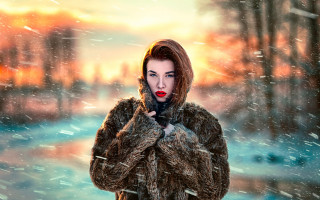 Woman fur coat snow red - a woman in a fur coat free wallpaper