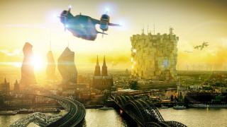 Futuristic city airplane bridge sunset - a futuristic city free wallpaper