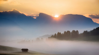 House field foggy sky mountain - sunrise free wallpaper