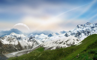 Mountain range moon grassy field - a moon in the sky free wallpaper