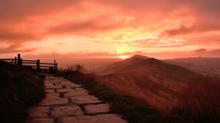 Hilltop bench sunset mountain view - a path free wallpaper