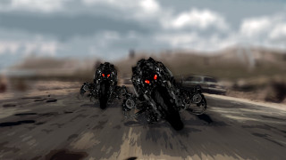 Motorcycles glowing eyes road ocean - red eye free wallpaper