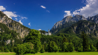 Mountain castle forest sky horizon - matte painting free wallpaper for desktop