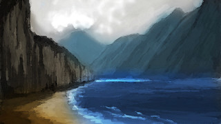 Mountain lake cliff cloudy sky - a painting of a mountain lake free wallpaper