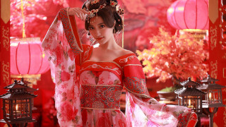 Red lantern cherry blossoms kimono - still free wallpaper