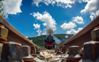 Train forest clouds tiltshift mountains - track next free wallpaper