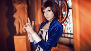 Blue jacket woman stained glass - art nouveau free wallpaper