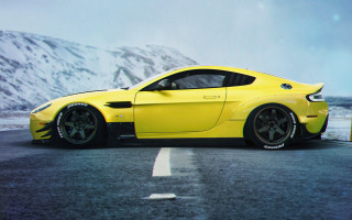 Yellow sports car mountains snow - the side of the road free wallpaper