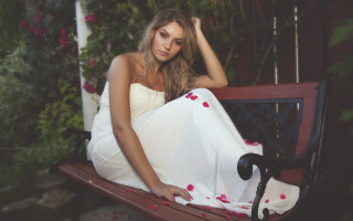 Woman white dress bench flower - a photocopy free wallpaper
