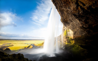 Iceland waterfall cave mountains blue - daren bader free wallpaper