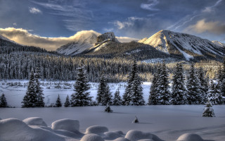 Snowy mountain forest cloudy sky - a cloudy sky in the background free wallpaper