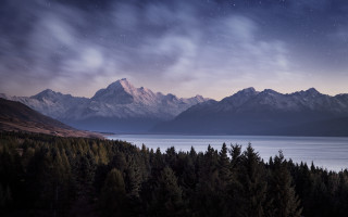 Mountain lake trees night sky - star above free wallpaper