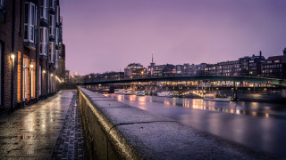 Bridge cityscape night river lights - a few boat free wallpaper