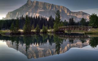 Lake mountain forest bridge sky - a bridge over free wallpaper