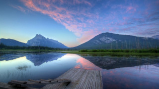 Lake mountains dock sunset pink - a pink sky free wallpaper