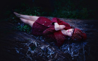 Woman red dress boots fireflies - impressionist free wallpaper