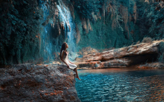 Woman waterfall rock beach ocean - alena aenami free wallpaper