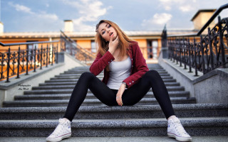 Woman sitting phone crossed steps - the step free wallpaper