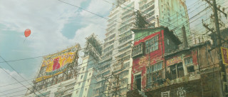 City buildings red balloon sky - a painting of a city free wallpaper