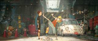 Cartoon woman car man standing - a cartoon scene free wallpaper