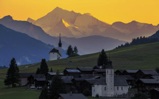 Village church mountains sunset nature - a view of the mountains free wallpaper