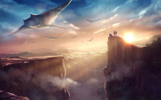 Cliff dinosaur sky woman matte - matte fantasy painting free wallpaper