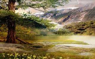 Mountain lake trees flowers cloudy - a painting of a mountain lake free wallpaper