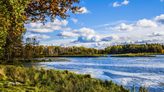 River trees clouds blue sky 2 - impressionist free wallpaper