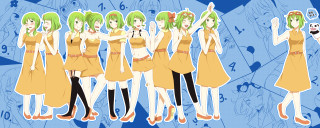Women yellow dresses green hair - green eye free wallpaper