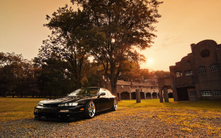Black car building tree sunset - scenery free wallpaper