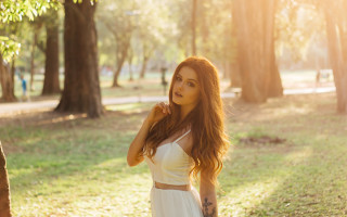 Red haired woman park white - a park free wallpaper