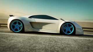 White sports car blue wheels 2 - a highway free wallpaper