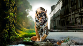 Tiger walking rock forest building - a tiger free wallpaper