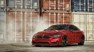 Red car shipping containers smoke - a parking lot free wallpaper