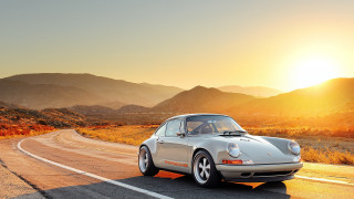 Silver porsche desert sunset mountains - sunset free wallpaper