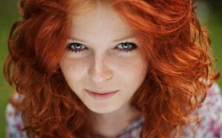 Red haired woman blue eyes 20 - a smile free wallpaper for desktop