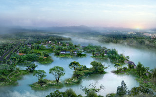 River green trees hillside sunset - a lush green hillside free wallpaper